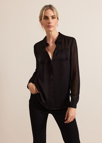 Phase Eight Inessa Mixed Media Satin Shirts Black USA | 7519408-XU